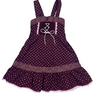 Vtg Sears Roebuck Prairie Dress Girls 12.5 Burgundy Floral Corset Lace Boho Folk